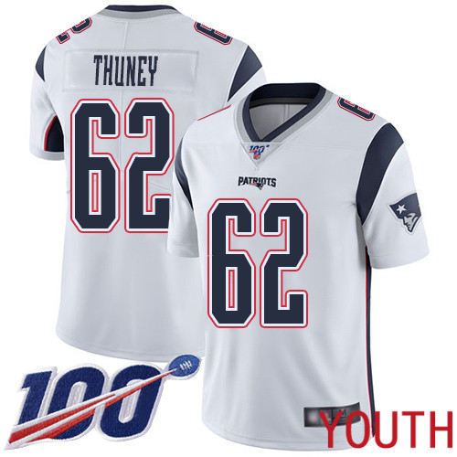New England Patriots Football #62 Vapor Untouchable 100th Season Limited White Youth Joe Thuney Road NFL Jersey->youth nfl jersey->Youth Jersey